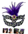 Siyah Kadife Üzeri Rengarenk Payetli Pullu Mor Tüylü Mor Taşlı Parti Maskesi 19x21 cm