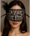 Siyah Renk Yandan Tüylü İnci İşlemeli Taşlı Dantelli Parti Maskesi 17x12 cm