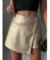 Taşlı şort etek deri gold h240018