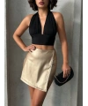 Taşlı şort etek deri gold h240018