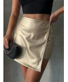 Taşlı şort etek deri gold h240018