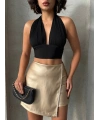 Taşlı şort etek deri gold h240018