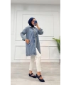 Taşlı tunik ceket kar yıkamalı mavi d2516