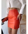 Tek yırtmaçlı arkadan fermuarlı deri etek turuncu s24475
