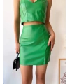 Tek yırtmaçlı arkadan fermuarlı deri etek yeşil s24475