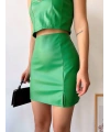 Tek yırtmaçlı arkadan fermuarlı deri etek yeşil s24475
