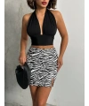 Tek yırtmaçlı zebra desenli deri etek beyazsiyah w24475-S