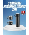Termos Paslanmaz Çelik Termos Siyah Renk 3 Bardaklı Termos Seti