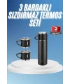 Termos Paslanmaz Çelik Termos Siyah Renk 3 Bardaklı Termos Seti