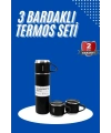 Termos Seti 3lü Bardak Seti Isı Dayanıklı Siyah Paslanmaz Çelik Vakumlu