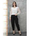 Tokalı tül kollu bluz beyaz t4071