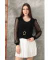 Tokalı tül kollu bluz siyah t4071