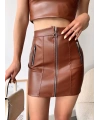 Üç fermuarlı deri etek kahve s24510