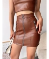Üç fermuarlı deri etek kahve s24510