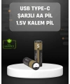 USB Type-C Girişli Şarjlı AA Lityum Pil | 1.5V Sabit Çıkış | 3200mWh (2li Paket)