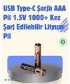 USB Type-C Şarjlı AAA Lityum Pil | 1.5V Sabit Voltaj, 1000+ Şarj Döngüsü ile Uzun Ömür