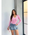 V yaka çizgili bluz pembe A3699