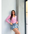 V yaka çizgili bluz pembe A3699