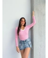 V yaka çizgili bluz pembe A3699