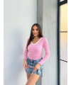 V yaka çizgili bluz pembe A3699