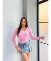 V yaka çizgili bluz pembe A3699