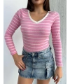 V yaka çizgili bluz pembe A3699