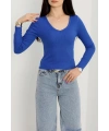 V yaka kaşkorse bluz saks mavisi a3699