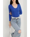 V yaka kaşkorse bluz saks mavisi a3699
