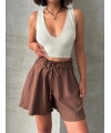 Volanlı keten şort kahve s255058