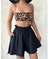Volanlı keten şort siyah s255058