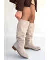 Winda Bej Süet Körüklü Topuklu Çizme