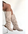 Winda Bej Süet Körüklü Topuklu Çizme