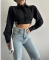 Yanı kemer detaylı crop gömlek siyah s4009