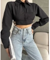 Yanı kemer detaylı crop gömlek siyah s4009