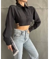 Yanı kemer detaylı crop gömlek siyah s4009