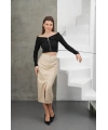 Yırtmaçlı uzun deri etek bej