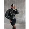 Beli büzgülü crop deri ceket siyah