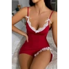 Gizotti Bacak Yırtmaçlı Dantel İşlemeli Kadın Gecelik Babydoll Kırmızı