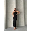 Krinkıl tek omuz uzun elbise siyah s25455