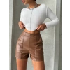 Parçalı cepli deri şort taba w26312