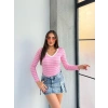 V yaka çizgili bluz pembe A3699