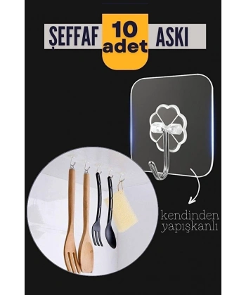 10'lu Şeffaf Kendinden Yapışkanlı Güçlü Askı Kancası, Banyo Mutfak Organizer, İz Bırakmaz Pratik Askı