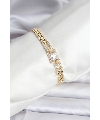 14K Gold Renk Kaplama Zirkon Kare Taşlı CM Kadın Bileklik