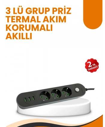 2 Metre Kablolu 3 USB Portlu Anahtarlı Üçlü Priz
