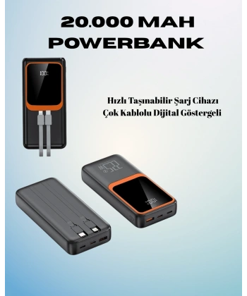 20000 mAh Powerbank | Çok Kablolu, Dijital Göstergeli, Yüksek Hızlı Şarj Cihazı