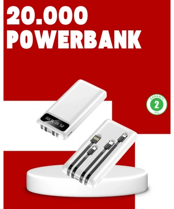 20.000mAh PD Powerbank LED Işık LCD Ekran Dahili Kablo Çoklu Giriş
