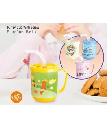 3 Adet pipetli Çocuk Içecek Bardağı Desenli Bardak 350ml