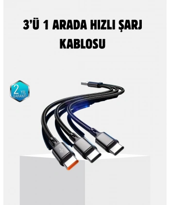 3 Başlıklı Hızlı Şarj Kablosu Metal Alaşımlı Dayanıklı ve Akıllı Çipli