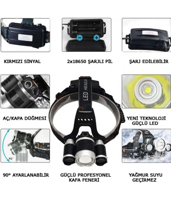 3 Başlıklı Şarjlı  Kafa Feneri  Watton Wt-256