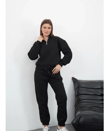 3 iplik içi Şardonlu yarım fermuarlı alt üst takım siyah